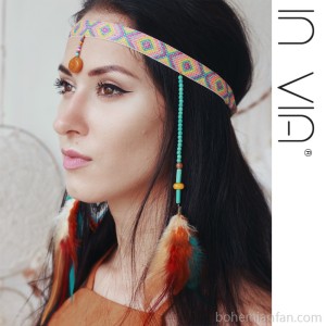 Bohemian headwear eyebrow pendant forehead decoration colorful feather hairband Tibetan ethnic style jewelry vacation invia