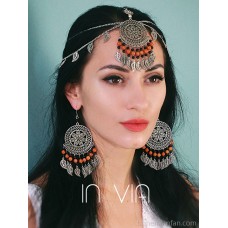 Bohemian ethnic style retro tassel large round earrings forehead chain brow pendant jewelry set invia