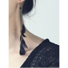 Black feather tassel earrings, 2023 new long super fairy temperament ear clip without ear hole, 925 sterling silver needle