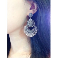 Ethnic minority earrings female retro silver tassel bohemian style jewelry exaggerated ear studs belly dance India fake