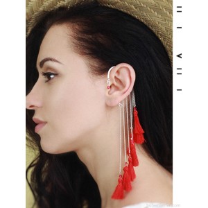 Red ethnic style ear hanging for women without ear holes, ancient style, super fairy, tassel earrings, long style, temperament, Bohemian jewelry