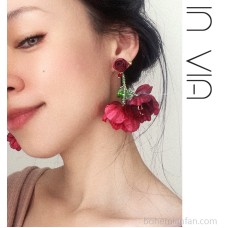 Burgundy fabric rose earrings with exaggerated petals and tassels, New Year's party Christmas accessories