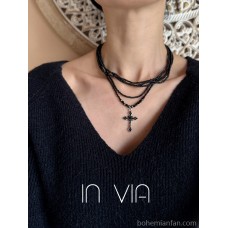Inlaid diamond multi-layer cross necklace, small and unique design choker, dark style necklace, versatile sweater chain