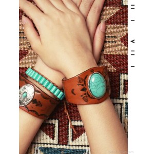 Melaad ethnic Bohemian style Native American wrist accessory wide bracelet scar cover tribal genuine leather turquoise bracelet