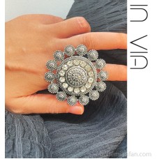 Vintage silver exaggerated oversized disc index finger ring, adjustable open-ended with inlaid diamonds, Bohemian style ring