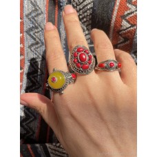 Bohemian style retro ethnic Nepalese Tibetan jewelry handmade silver inlaid red stone yellow amber ring for men